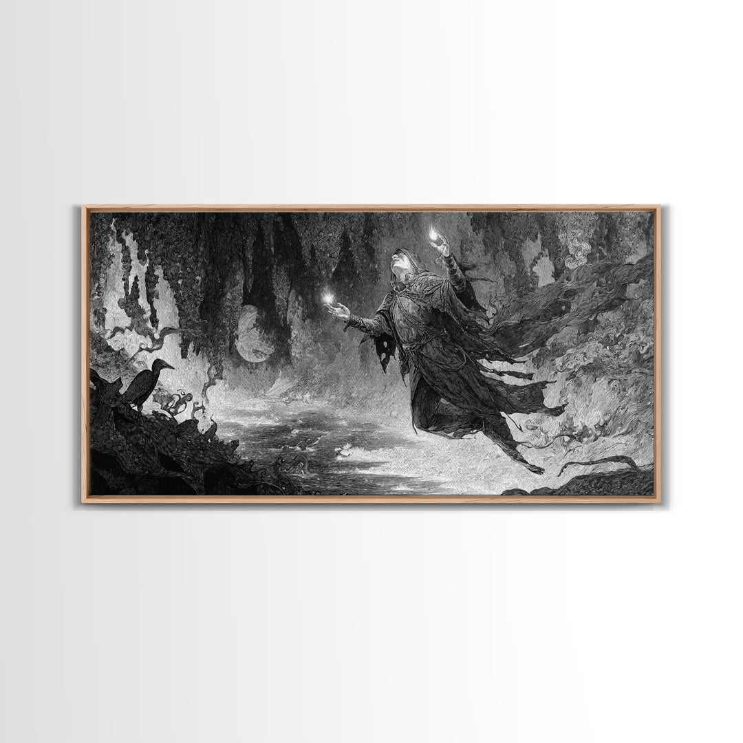 The Cave Oracle, Expressionist Nightmare Art, Wide Panoramic Art, Macabre Wall Art, Framed Canvas Print, Halloween Wall Art, Horror Wall Art