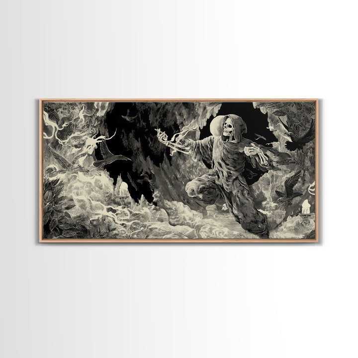 The Cave Oracle, Macabre Folk Print Art, Wide Panoramic Art, Dark Fantasy Wall Art, Framed Canvas Print, Halloween Wall Art