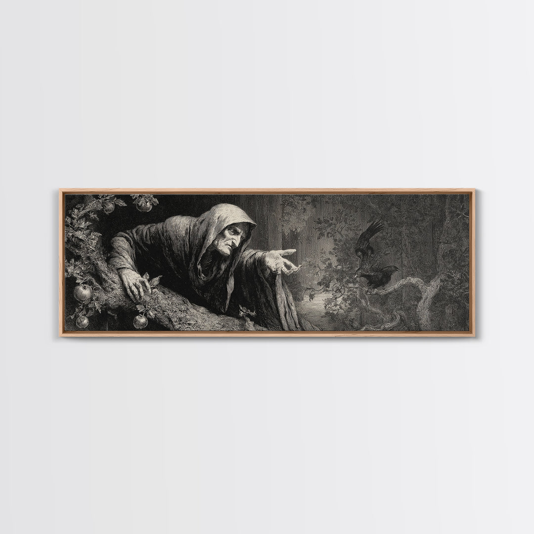 The Orchard Hag, Gothic Engraving Art, Extra Wide Wall Art, Gothic Horror Wall Art, Framed Canvas Print, Halloween Wall Art