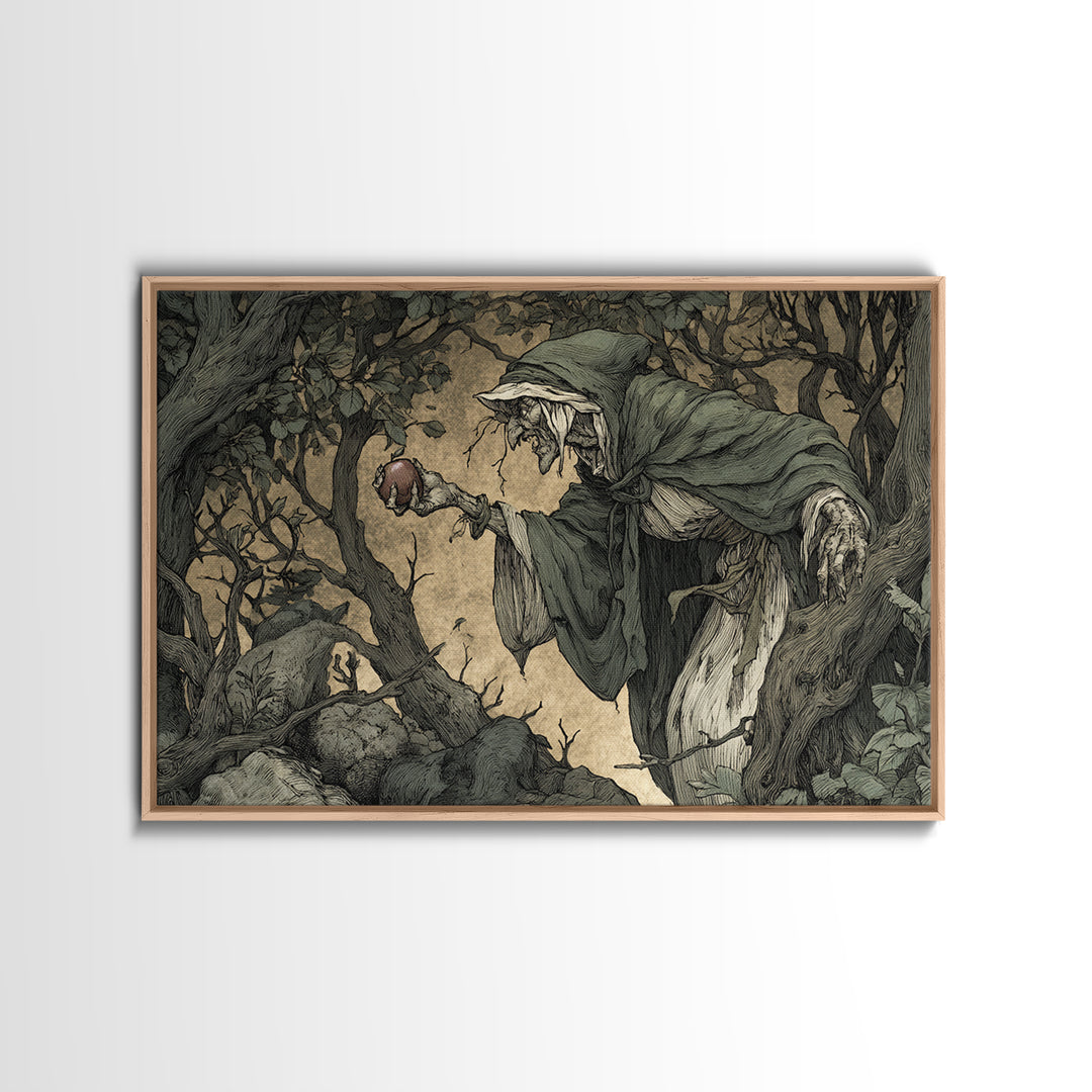 The Orchard Hag, Gothic Storybook Art, Landscape Wall Art, Dark Halloween Decor, Framed Canvas Print, Halloween Wall Art