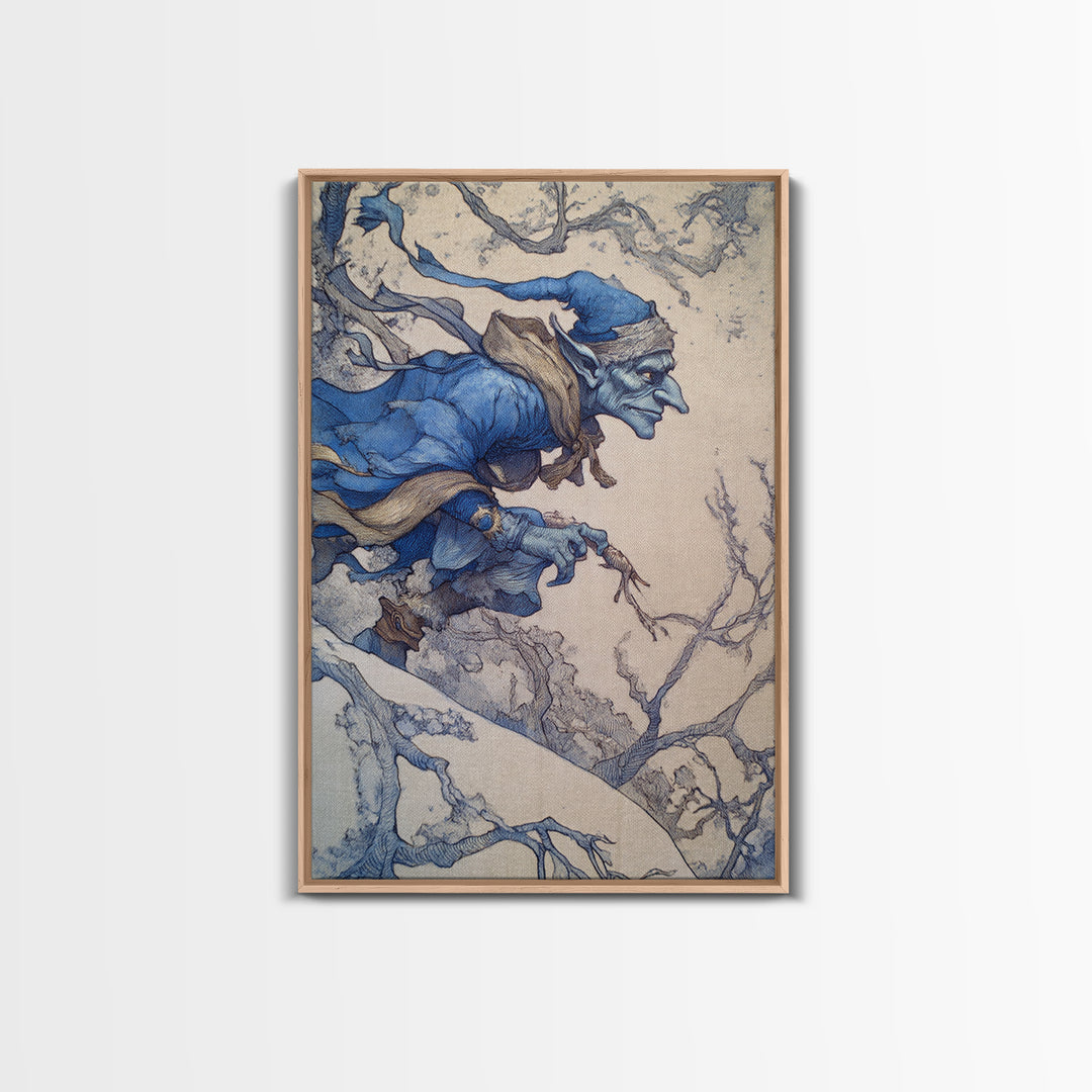 The Frost Goblin, Gothic Storybook Art, Vertical Wall Art, Dark Halloween Decor, Framed Canvas Print, Halloween Wall Art