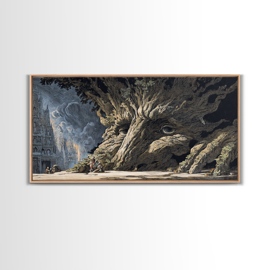 The Hollow-Tree Monster, Apocalyptic Romantic Art, Wide Panoramic Art, Dark Fantasy Wall Art, Framed Canvas Print, Halloween Wall Art