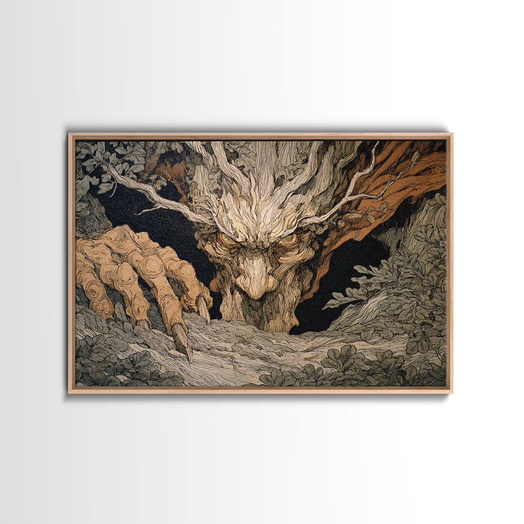 The Hollow-Tree Monster, Gothic Storybook Art, Landscape Wall Art, Dark Halloween Decor, Framed Canvas Print, Halloween Wall Art