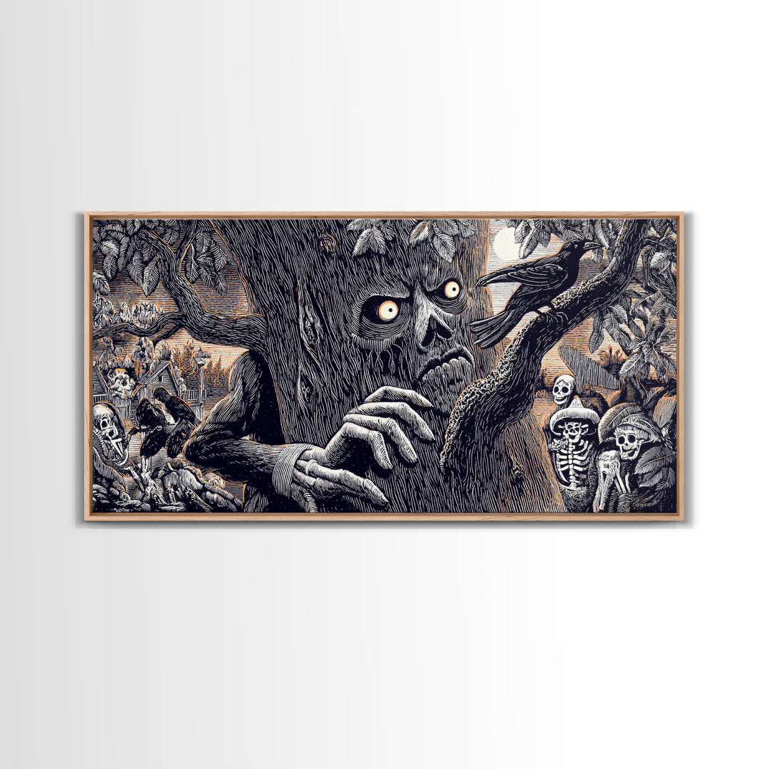 The Hollow-Tree Monster, Macabre Folk Print Art, Wide Panoramic Art, Macabre Wall Art, Framed Canvas Print, Halloween Wall Art