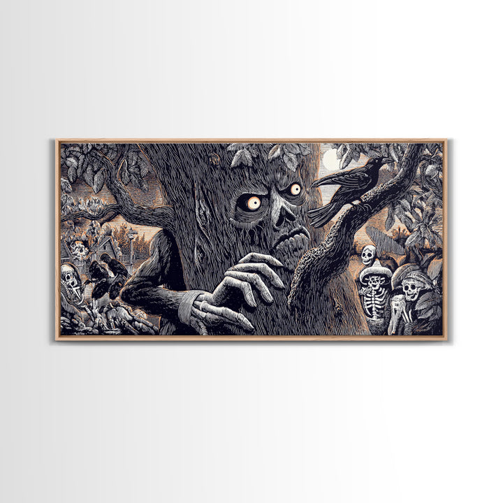 The Hollow-Tree Monster, Macabre Folk Print Art, Wide Panoramic Art, Macabre Wall Art, Framed Canvas Print, Halloween Wall Art