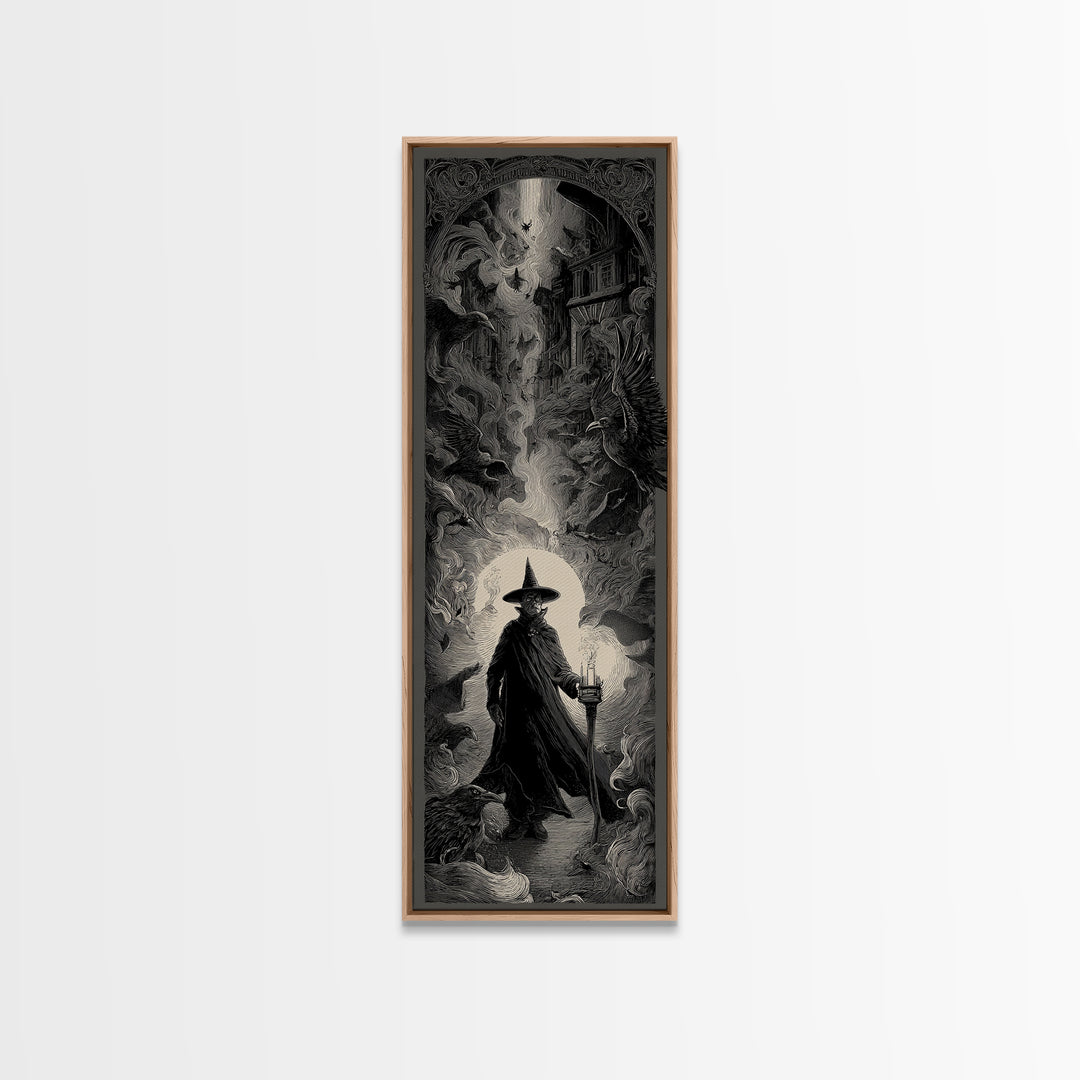 The Crossroads Spirit, Gothic Engraving Art, Tall Narrow Wall Art, Dark Halloween Decor, Framed Canvas Print, Halloween Wall Art
