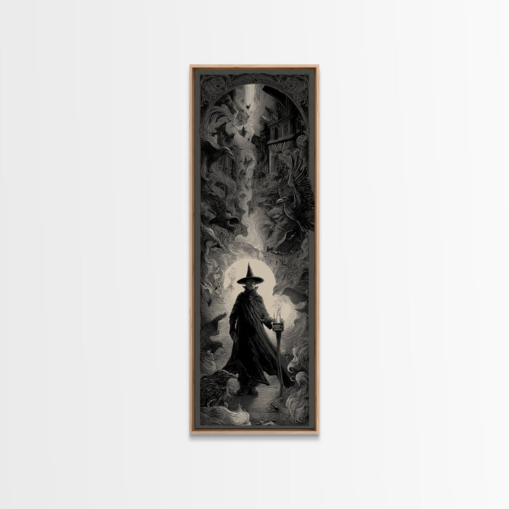 The Crossroads Spirit, Gothic Engraving Art, Tall Narrow Wall Art, Dark Halloween Decor, Framed Canvas Print, Halloween Wall Art