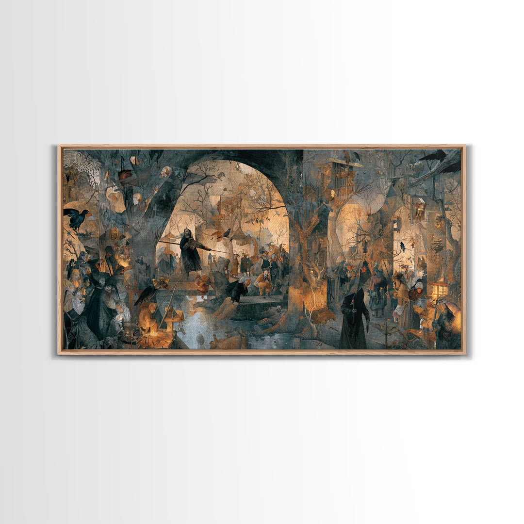 The Crossroads Spirit, Northern Renaissance Horror, Wide Panoramic Art, Macabre Wall Art, Framed Canvas Print, Halloween Wall Art