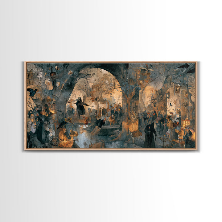 The Crossroads Spirit, Northern Renaissance Horror, Wide Panoramic Art, Macabre Wall Art, Framed Canvas Print, Halloween Wall Art