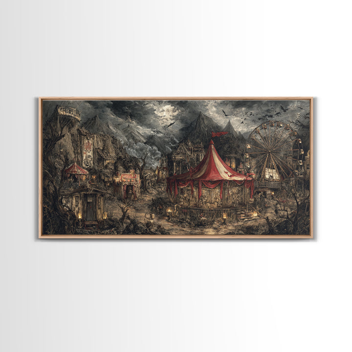 The Abandoned Carnival, Baroque Witchcraft Art, Wide Panoramic Art, Dark Fantasy Wall Art, Framed Canvas Print, Halloween Wall Art