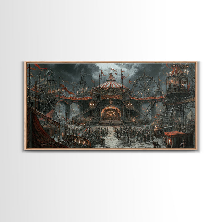 The Abandoned Carnival, Architectural Etching Art, Wide Panoramic Art, Macabre Wall Art, Framed Canvas Print