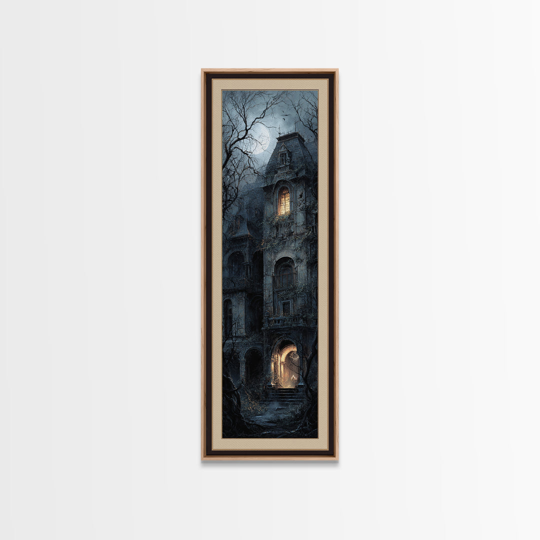 The Haunted Manor, Gothic Engraving Art, Tall Narrow Wall Art, Macabre Wall Art, Framed Canvas Print, Halloween Wall Art