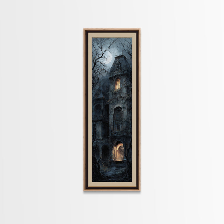 The Haunted Manor, Gothic Engraving Art, Tall Narrow Wall Art, Macabre Wall Art, Framed Canvas Print, Halloween Wall Art