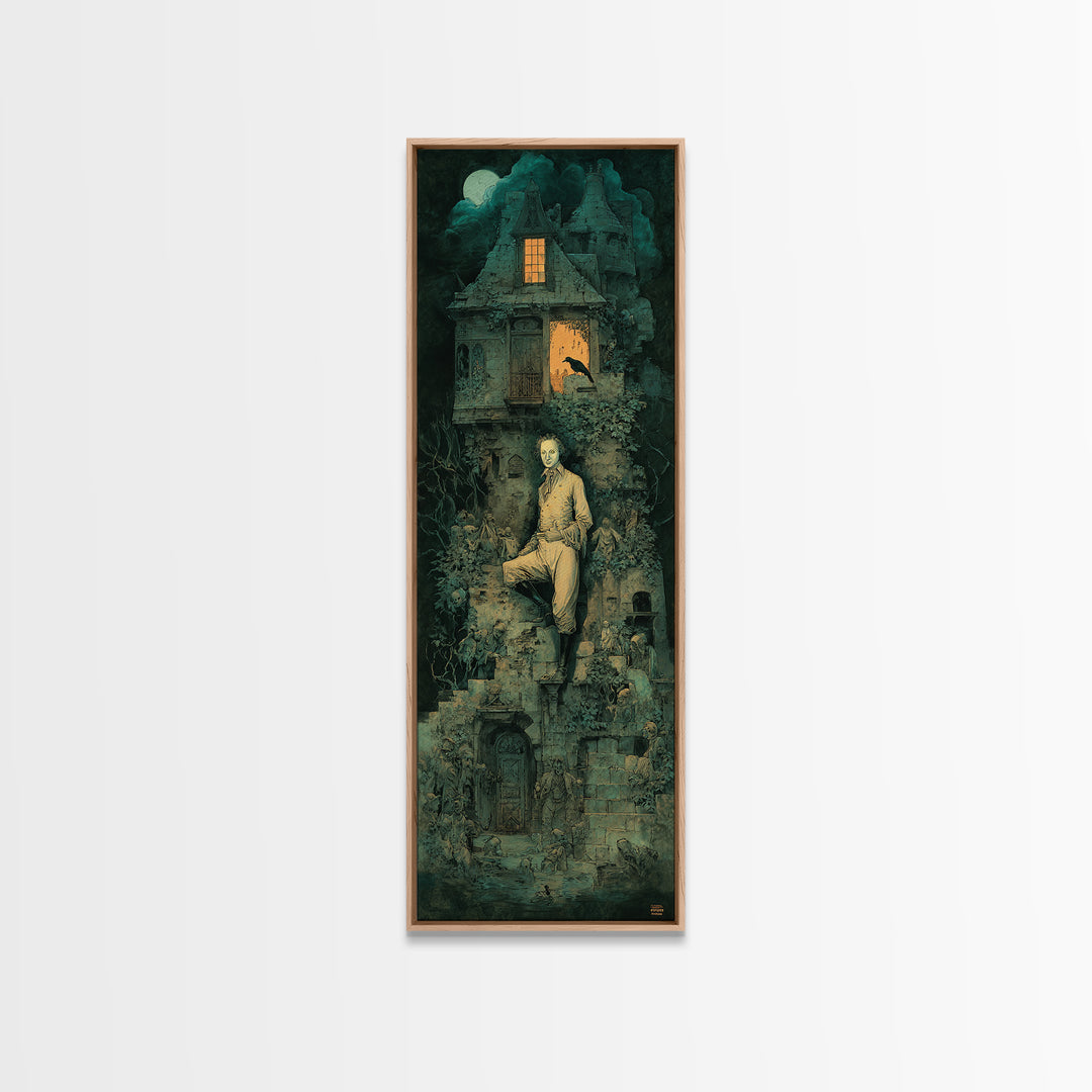 The Haunted Manor, Medieval Grotesque Art, Tall Narrow Wall Art, Dark Halloween Decor, Framed Canvas Print, Halloween Wall Art