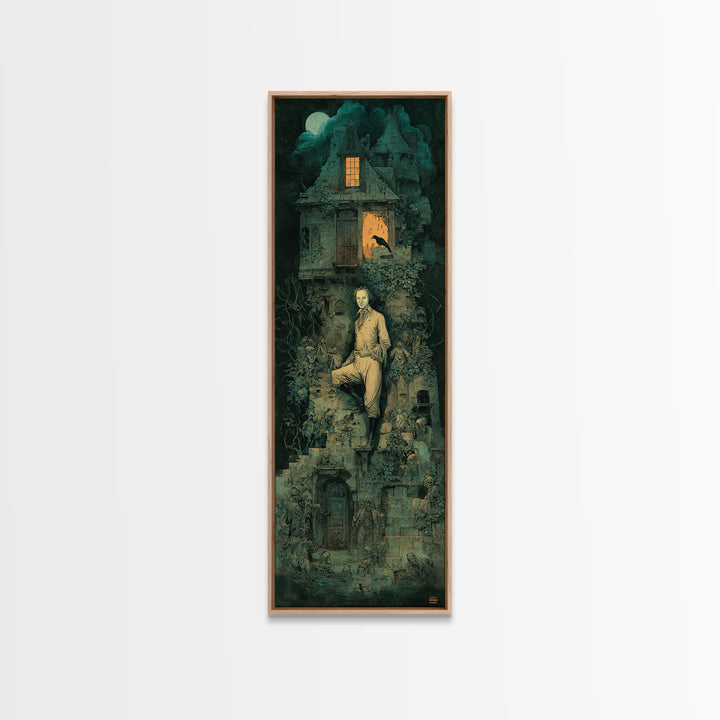 The Haunted Manor, Medieval Grotesque Art, Tall Narrow Wall Art, Dark Halloween Decor, Framed Canvas Print, Halloween Wall Art