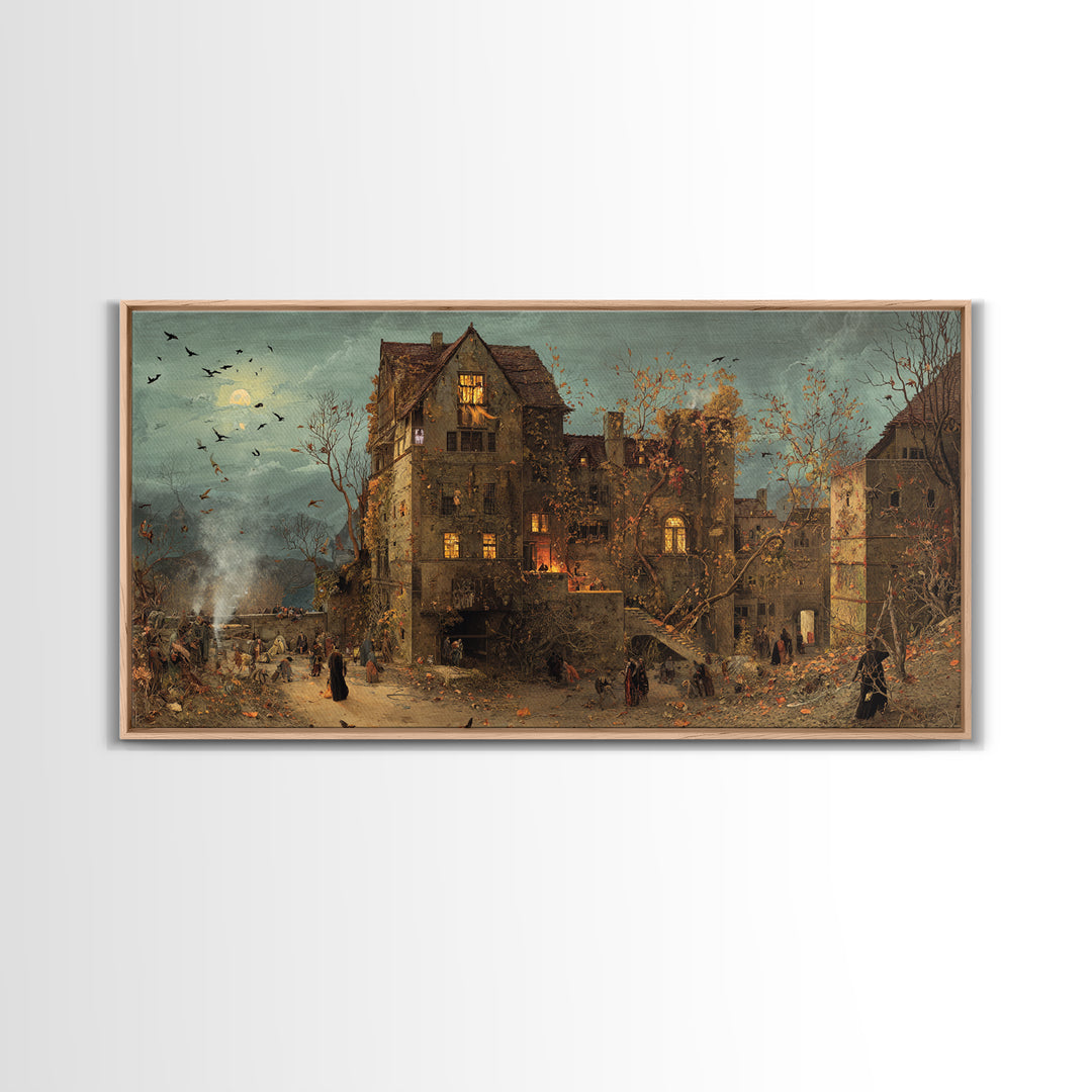 The Haunted Manor, Northern Renaissance Horror, Wide Panoramic Art, Dark Halloween Decor, Canvas Print, Halloween Wall Art