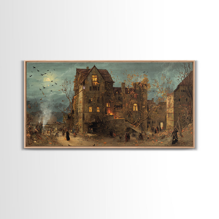 The Haunted Manor, Northern Renaissance Horror, Wide Panoramic Art, Dark Halloween Decor, Canvas Print, Halloween Wall Art