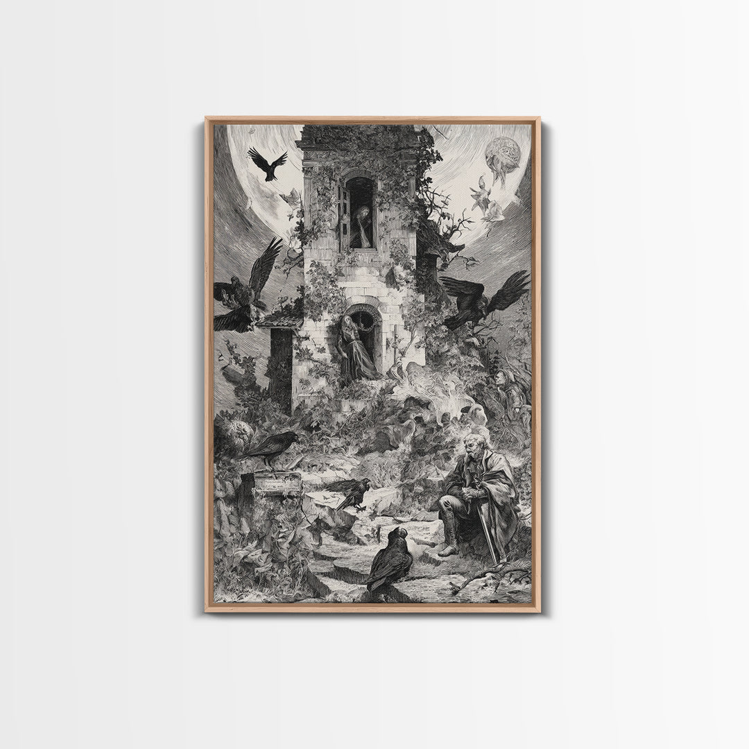 The Haunted Manor, Renaissance Engraving Art, Vertical Wall Art, Macabre Wall Art, Canvas Print, Halloween Wall Art, Spooky Wall Decor