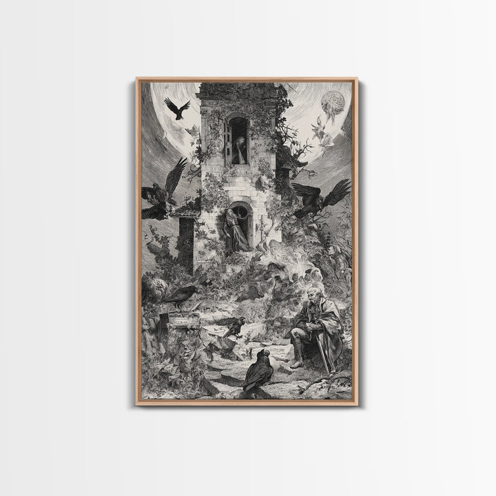 The Haunted Manor, Renaissance Engraving Art, Vertical Wall Art, Macabre Wall Art, Canvas Print, Halloween Wall Art, Spooky Wall Decor