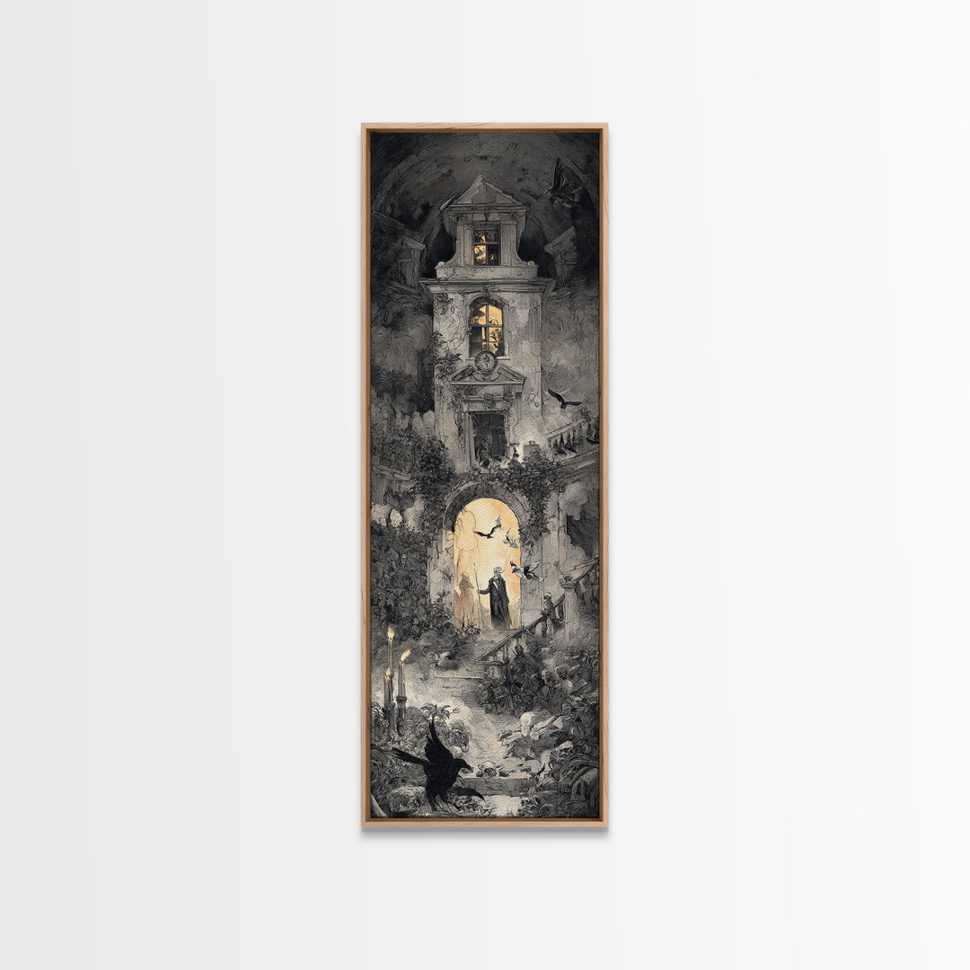 The Haunted Manor, Architectural Etching Art, Tall Narrow Wall Art, Dark Fantasy Wall Art, Canvas Print, Halloween Wall Art
