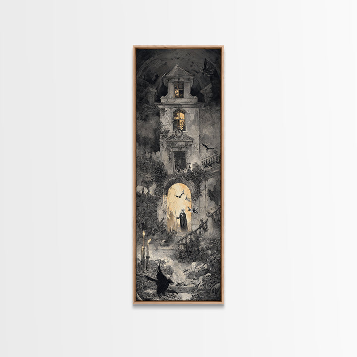 The Haunted Manor, Architectural Etching Art, Tall Narrow Wall Art, Dark Fantasy Wall Art, Canvas Print, Halloween Wall Art