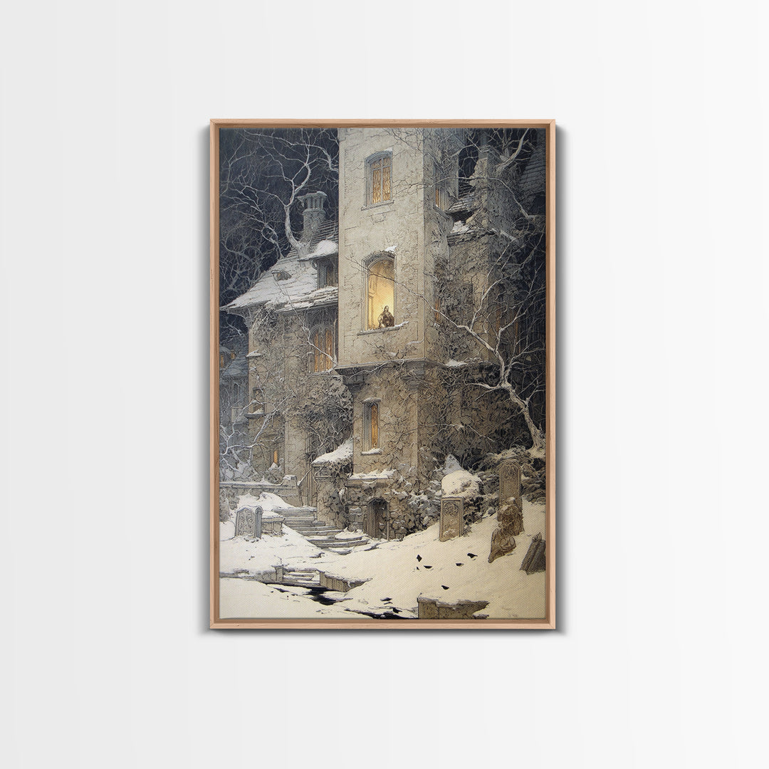 The Haunted Manor, Symbolist Death Art, Vertical Wall Art, Dark Fantasy Wall Art, Canvas Print, Halloween Wall Art