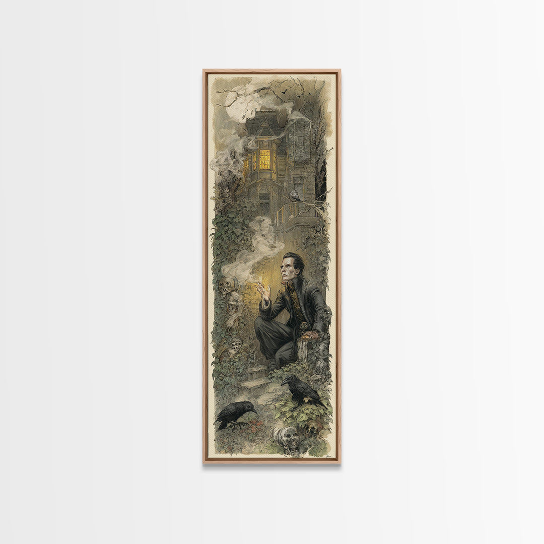 The Haunted Manor, Symbolist Etching Art, Tall Narrow Wall Art, Dark Fantasy Wall Art, Framed Canvas Print, Halloween Wall Art