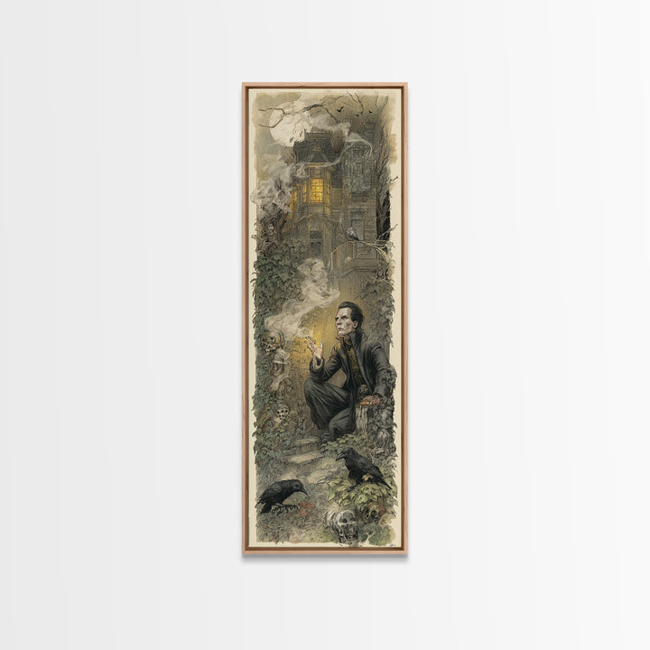 The Haunted Manor, Symbolist Etching Art, Tall Narrow Wall Art, Dark Fantasy Wall Art, Framed Canvas Print, Halloween Wall Art