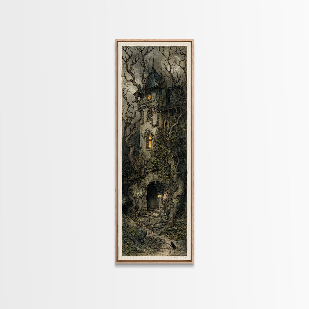 The Haunted Manor, Gothic Storybook Art, Tall Narrow Wall Art, Macabre Wall Art, Canvas Print, Halloween Wall Art, Statement Wall Art