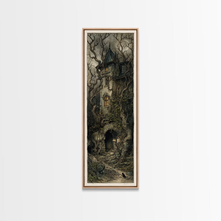 The Haunted Manor, Gothic Storybook Art, Tall Narrow Wall Art, Macabre Wall Art, Canvas Print, Halloween Wall Art, Statement Wall Art