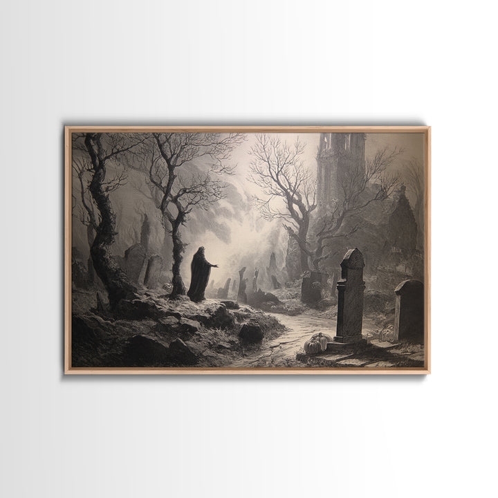 The Moonlit Cemetery, Gothic Engraving Art, Landscape Wall Art, Gothic Horror Wall Art, Canvas Print, Halloween Wall Art
