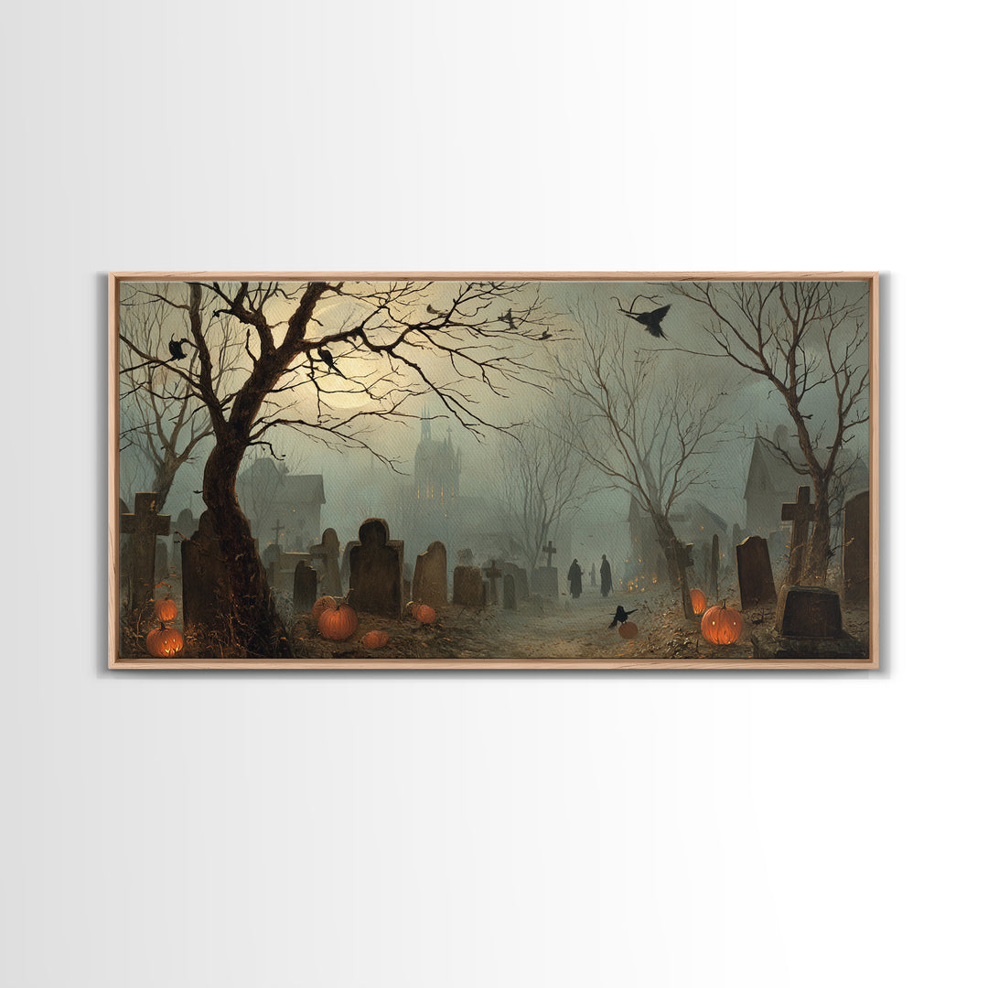 The Moonlit Cemetery, Northern Renaissance Horror, Wide Panoramic Art, Gothic Horror Wall Art, Framed Canvas Print