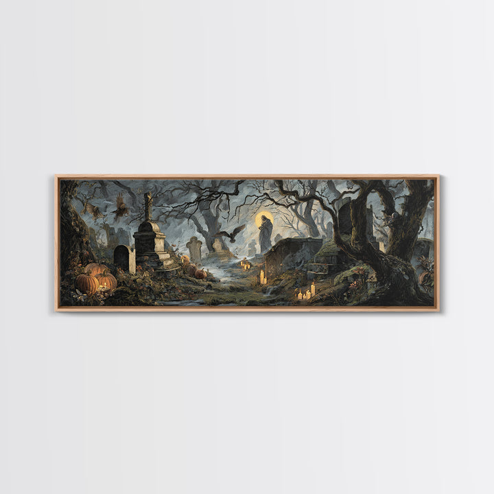 The Moonlit Cemetery, Dark Renaissance Art, Extra Wide Wall Art, Dark Fantasy Wall Art, Canvas Print, Halloween Wall Art