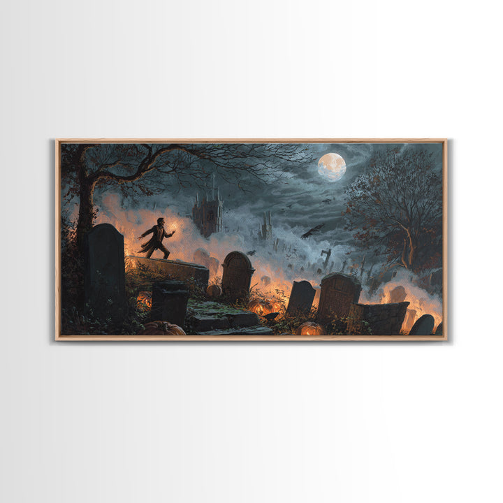 The Moonlit Cemetery, Apocalyptic Romantic Art, Wide Panoramic Art, Macabre Wall Art, Framed Canvas Print, Halloween Wall Art