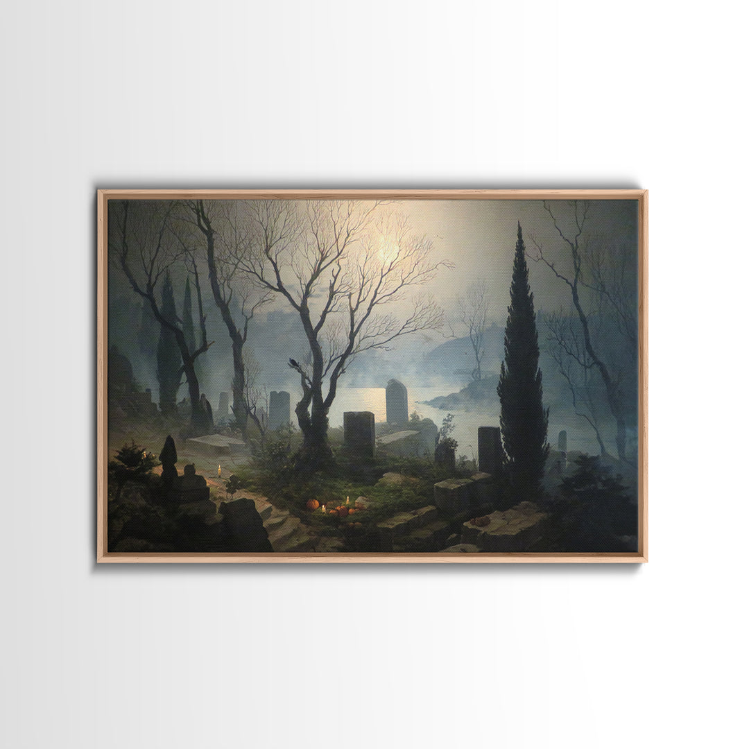 The Moonlit Cemetery, Symbolist Gothic Landscape, Landscape Wall Art, Dark Fantasy Wall Art, Canvas Print, Halloween Wall Art