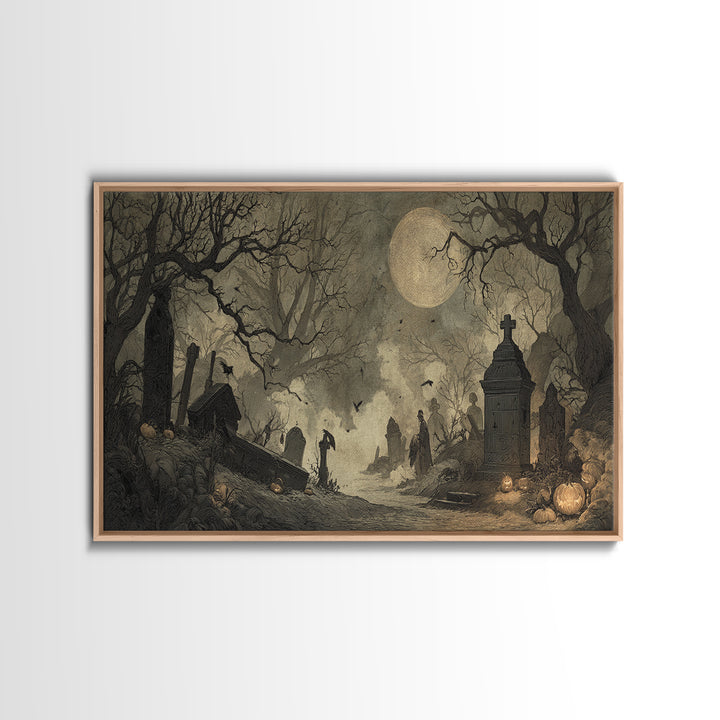The Moonlit Cemetery, Expressionist Nightmare Art, Wide Panoramic Art, Macabre Wall Art, Canvas Print, Halloween Wall Art, Halloween Decor