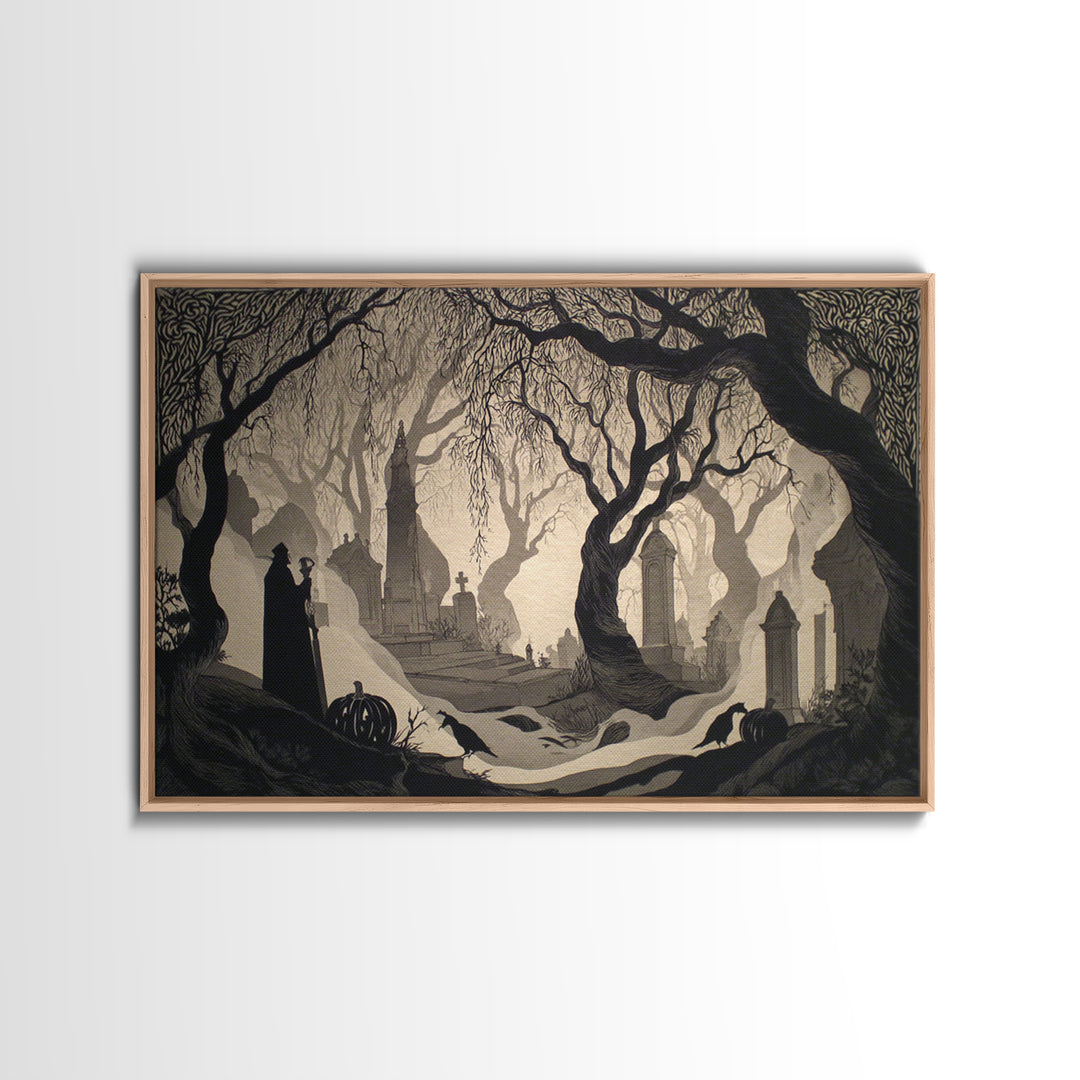 The Moonlit Cemetery, Decadent Line Art, Landscape Wall Art, Dark Fantasy Wall Art, Framed Canvas Print, Halloween Wall Art