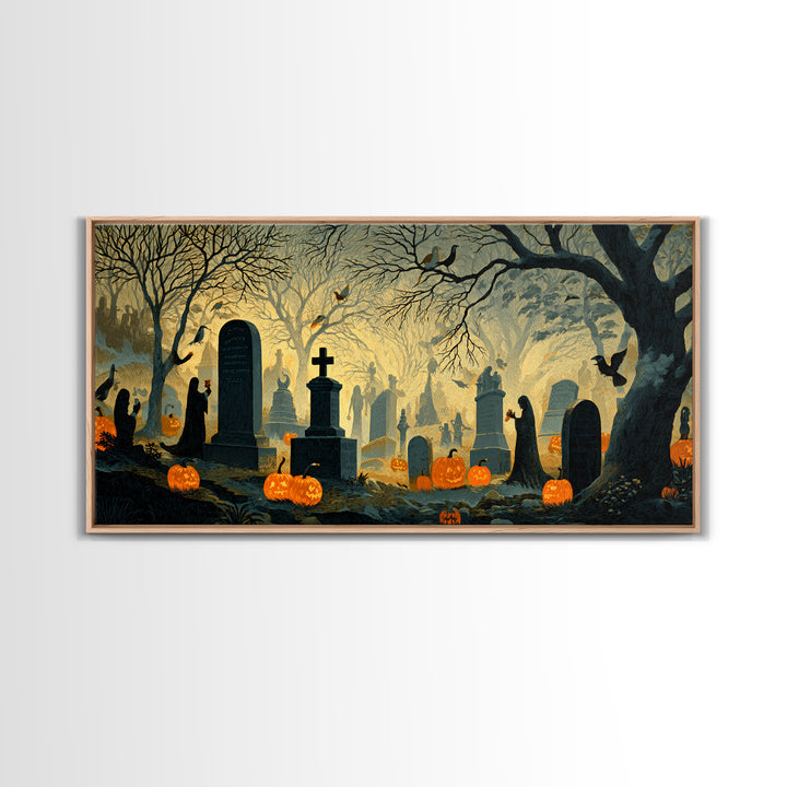 The Moonlit Cemetery, Macabre Folk Print Art, Wide Panoramic Art, Dark Fantasy Wall Art, Canvas Print, Halloween Wall Art