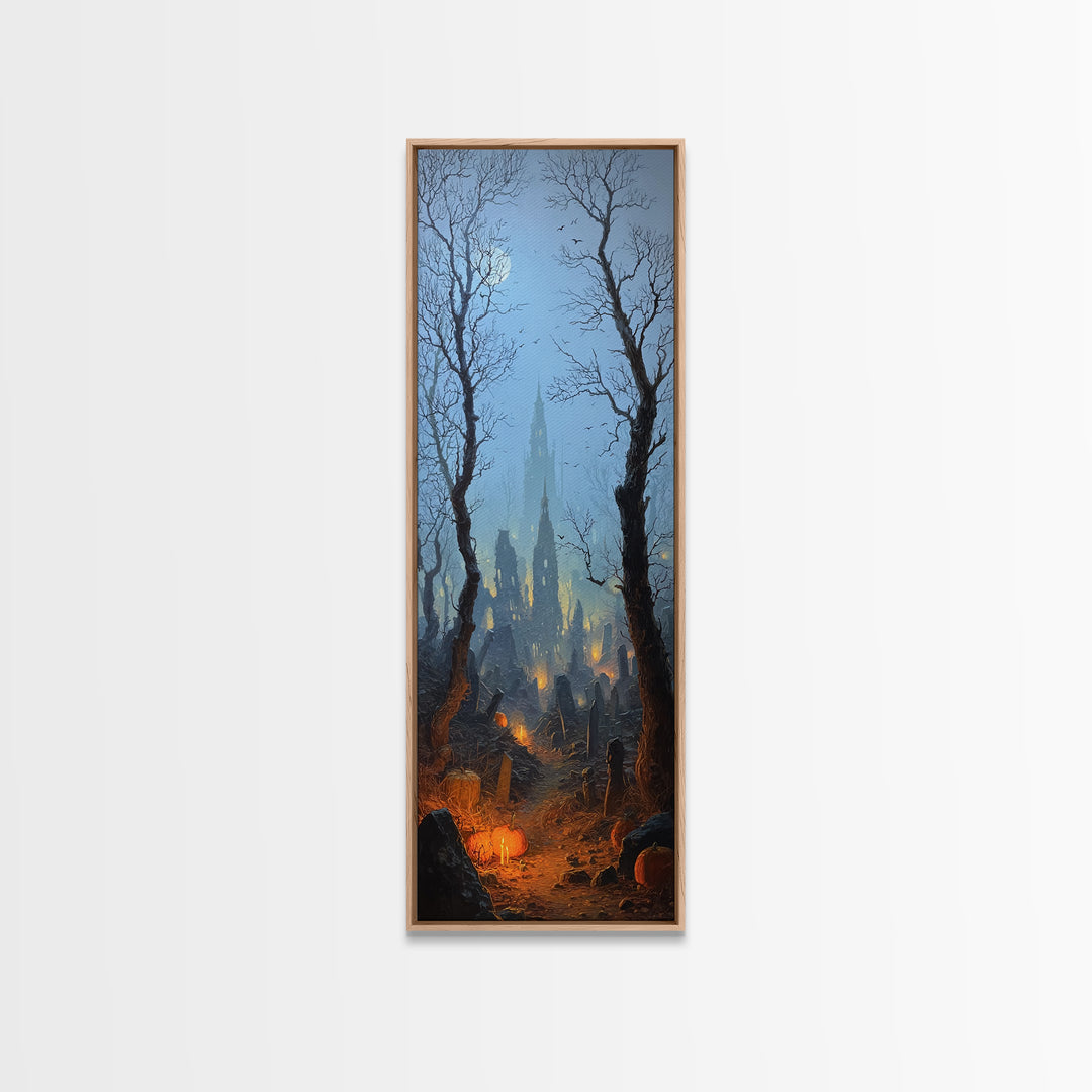 The Moonlit Cemetery, Surreal Apocalyptic Art, Tall Narrow Wall Art, Dark Halloween Decor, Canvas Print, Halloween Wall Art