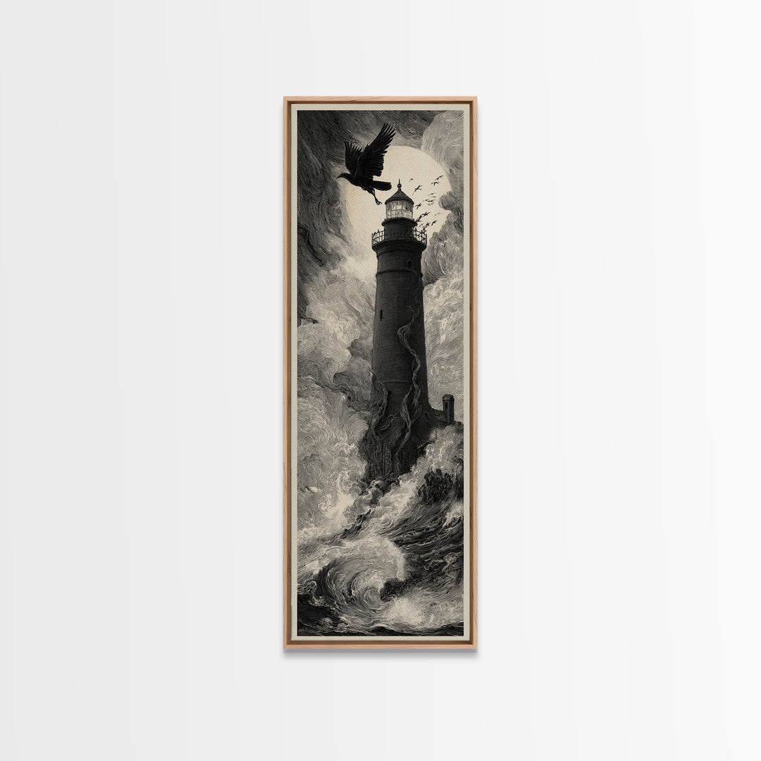 The Cursed Lighthouse, Gothic Engraving Art, Tall Narrow Wall Art, Dark Fantasy Wall Art, Framed Canvas Print, Halloween Wall Art