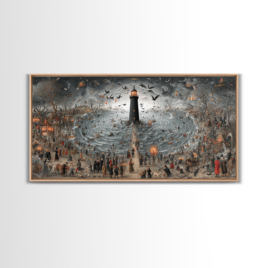 The Cursed Lighthouse, Northern Renaissance Horror, Wide Panoramic Art, Dark Halloween Decor, Canvas Print, Halloween Wall Art