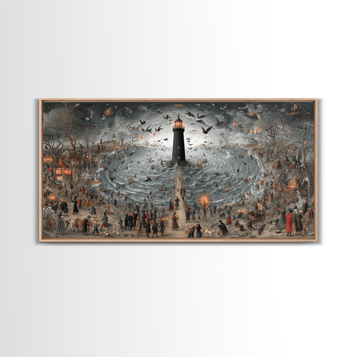 The Cursed Lighthouse, Northern Renaissance Horror, Wide Panoramic Art, Dark Halloween Decor, Canvas Print, Halloween Wall Art