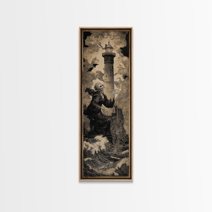The Cursed Lighthouse, Danse Macabre Art, Tall Narrow Wall Art, Macabre Wall Art, Framed Canvas Print, Halloween Decor