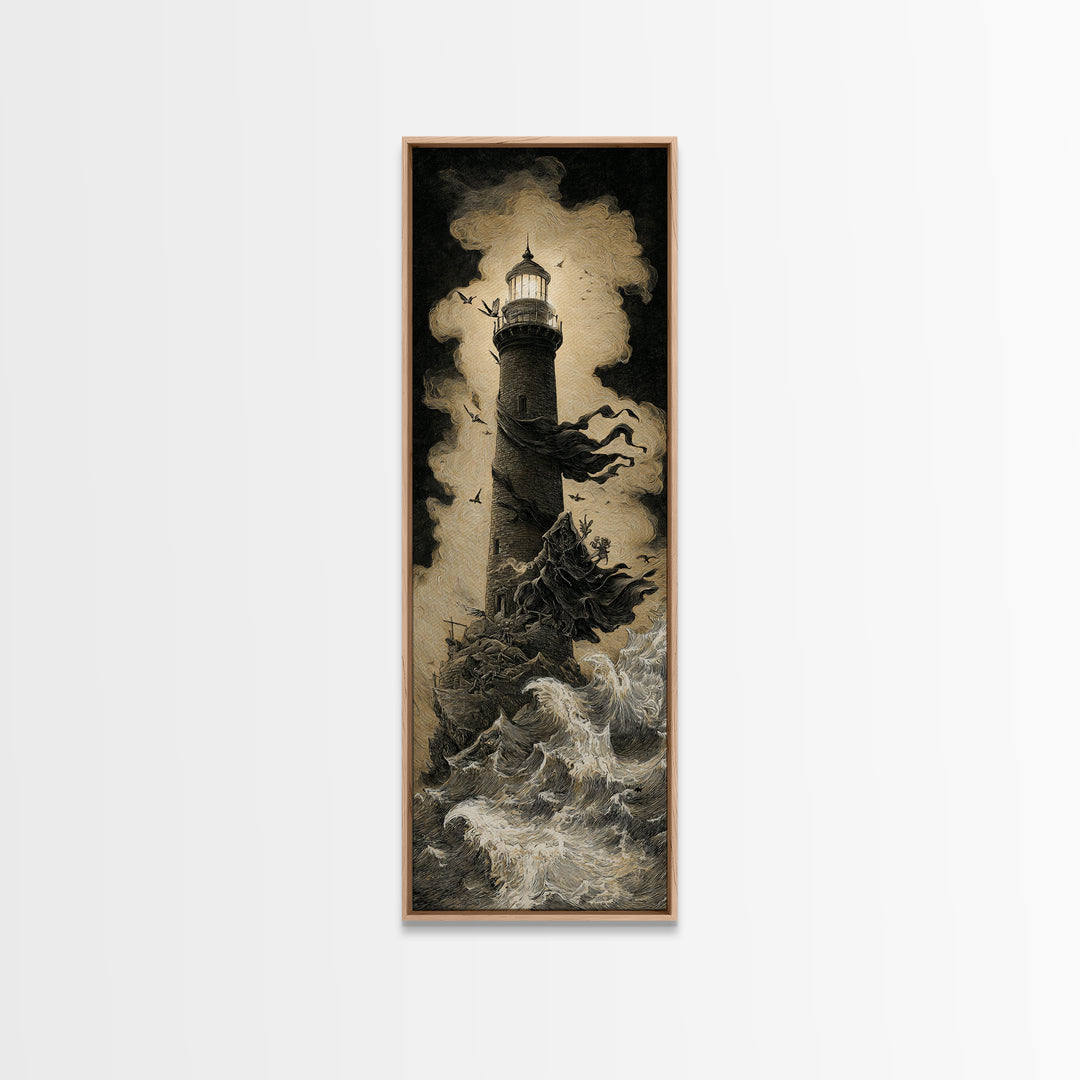 The Cursed Lighthouse, Baroque Witchcraft Art, Tall Narrow Wall Art, Macabre Wall Art, Framed Canvas Print, Halloween Wall Art