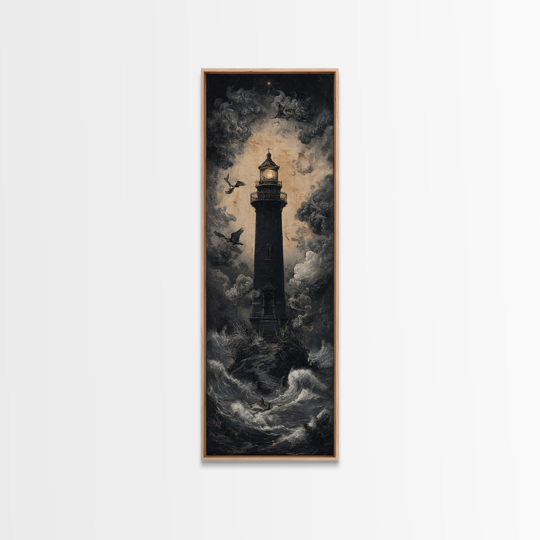 The Cursed Lighthouse, Dark Romantic Horror Art, Tall Narrow Wall Art, Macabre Wall Art, Framed Canvas Print, Halloween Wall Art