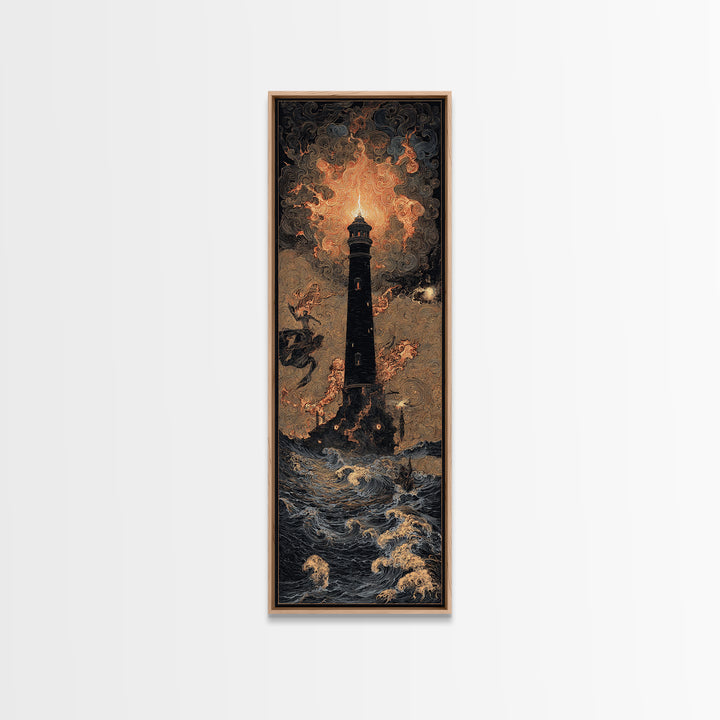 The Cursed Lighthouse, Visionary Gothic Art, Tall Narrow Wall Art, Dark Fantasy Wall Art, Framed Canvas Print, Halloween Wall Art