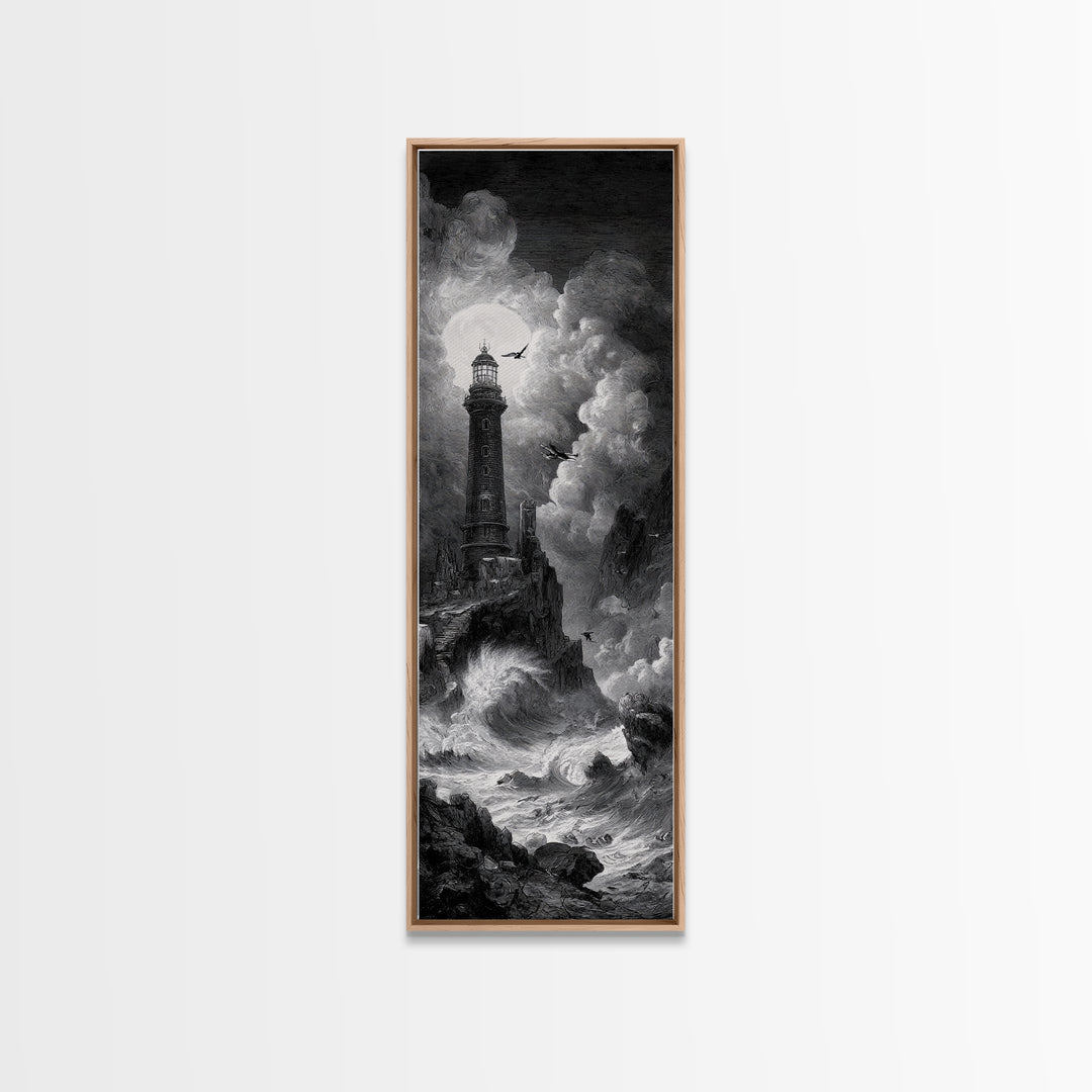 The Cursed Lighthouse, Architectural Etching Art, Tall Narrow Wall Art, Macabre Wall Art, Canvas Print, Halloween Wall Art