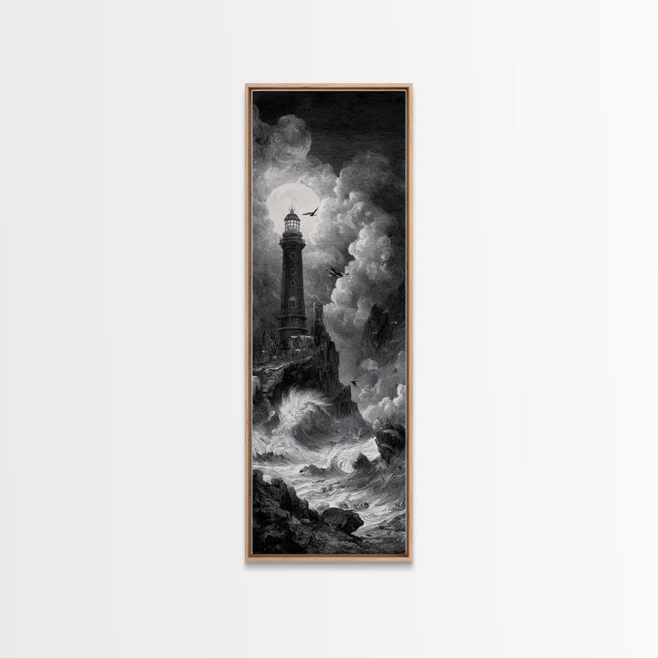 The Cursed Lighthouse, Architectural Etching Art, Tall Narrow Wall Art, Macabre Wall Art, Canvas Print, Halloween Wall Art