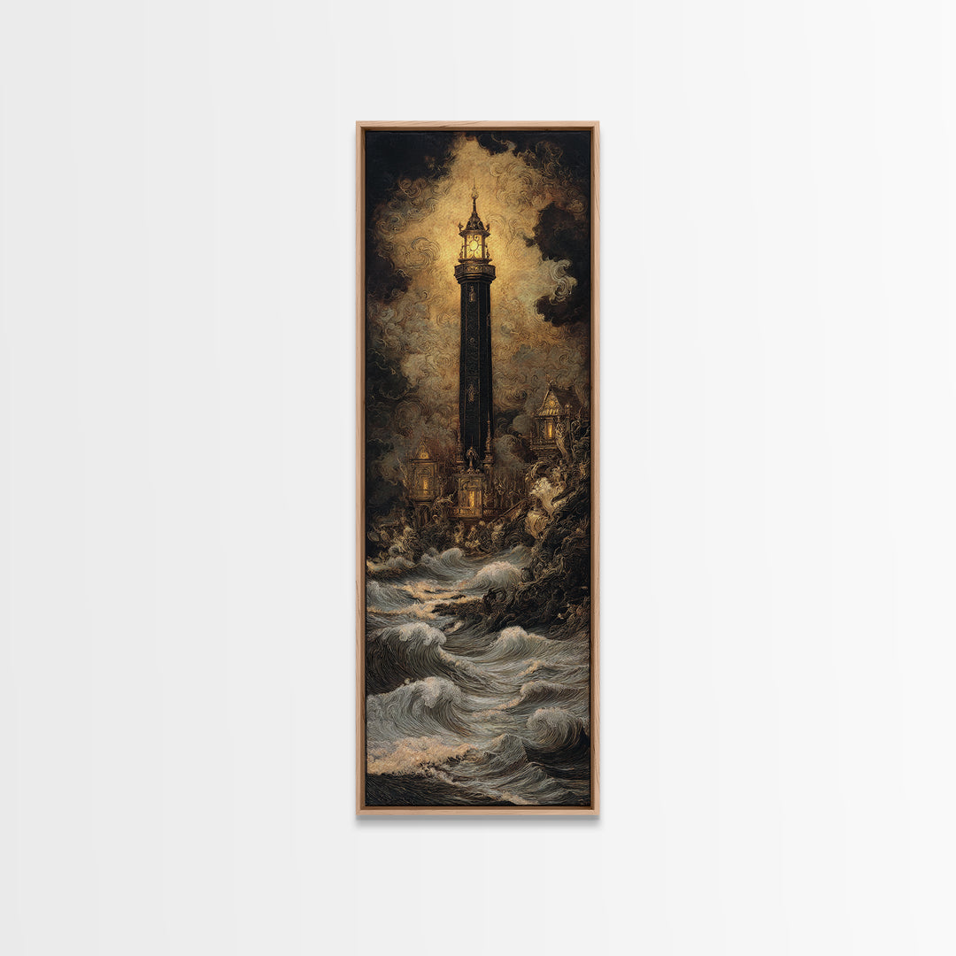 The Cursed Lighthouse, Ornate Symbolist Art, Tall Narrow Wall Art, Dark Halloween Decor, Framed Canvas Print, Halloween Wall Art