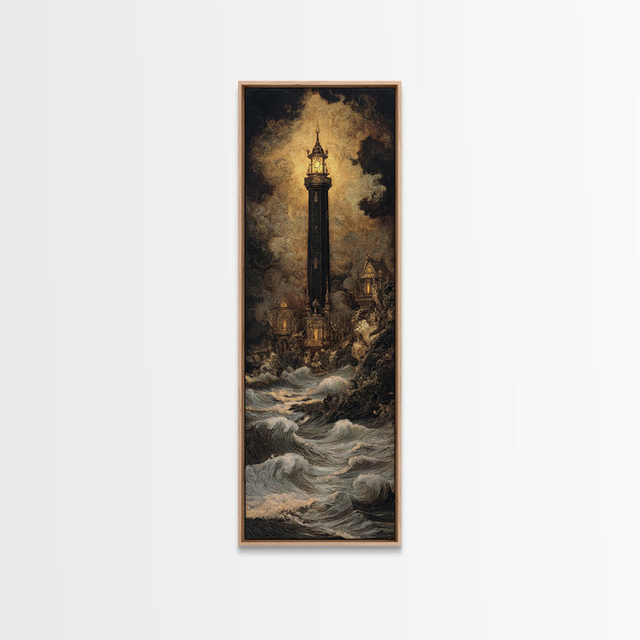 The Cursed Lighthouse, Ornate Symbolist Art, Tall Narrow Wall Art, Dark Halloween Decor, Framed Canvas Print, Halloween Wall Art